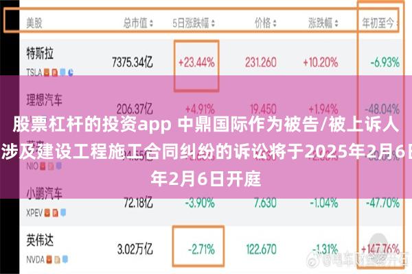 股票杠杆的投资app 中鼎国际作为被告/被上诉人的1起涉及建设工程施工合同纠纷的诉讼将于2025年2月6日开庭
